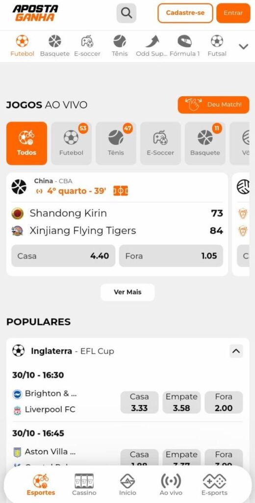 Página de esportes da Aposta Ganha