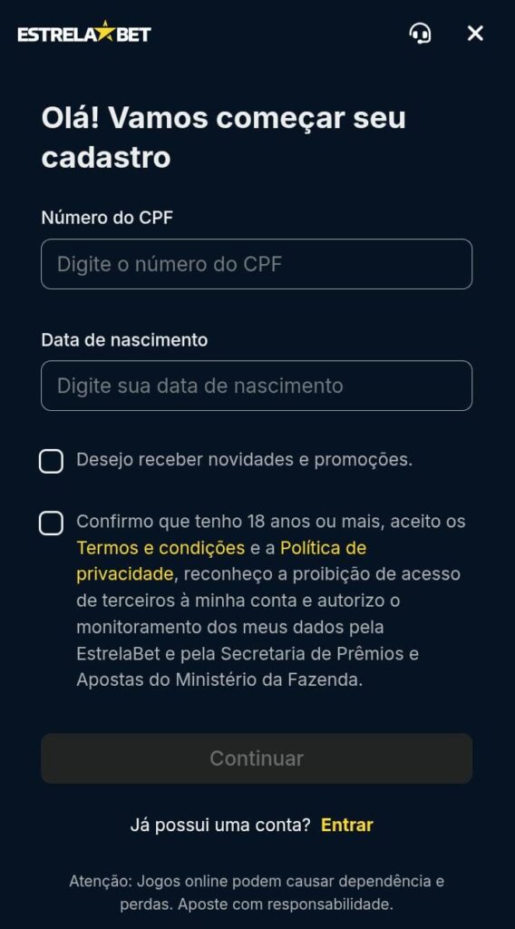 Página de cadastro da Estrela Bet